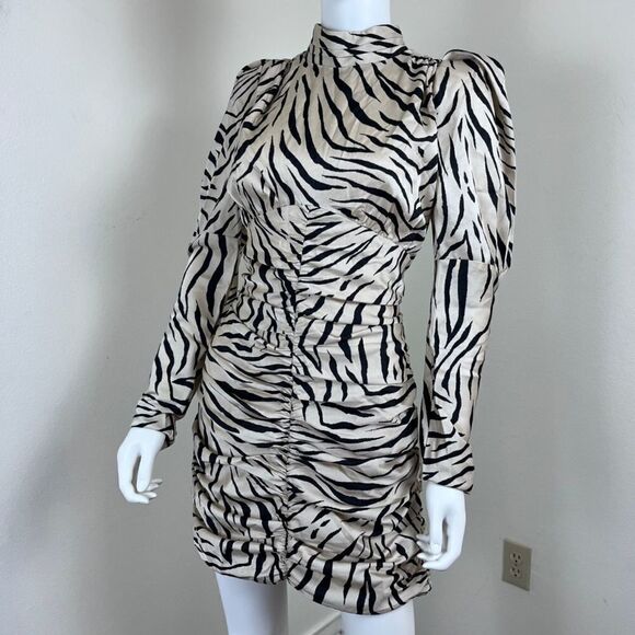 Bardot Women Size 10 Beige Animal Print Puff Sleeve Ruched Mini NEW Dress Party - Picture 8 of 16